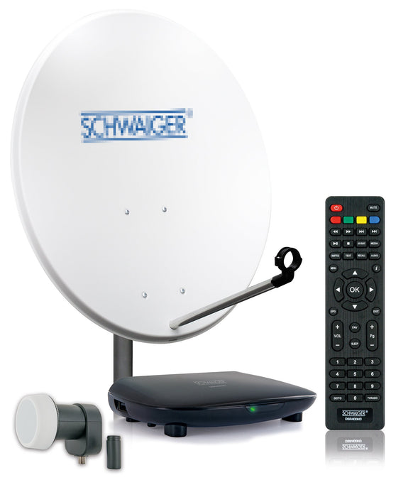 Schwaiger Satellitenanlage Set Weiß Aluminium 72 cm mit Single LNB + Receiver Fabrikverkauf
