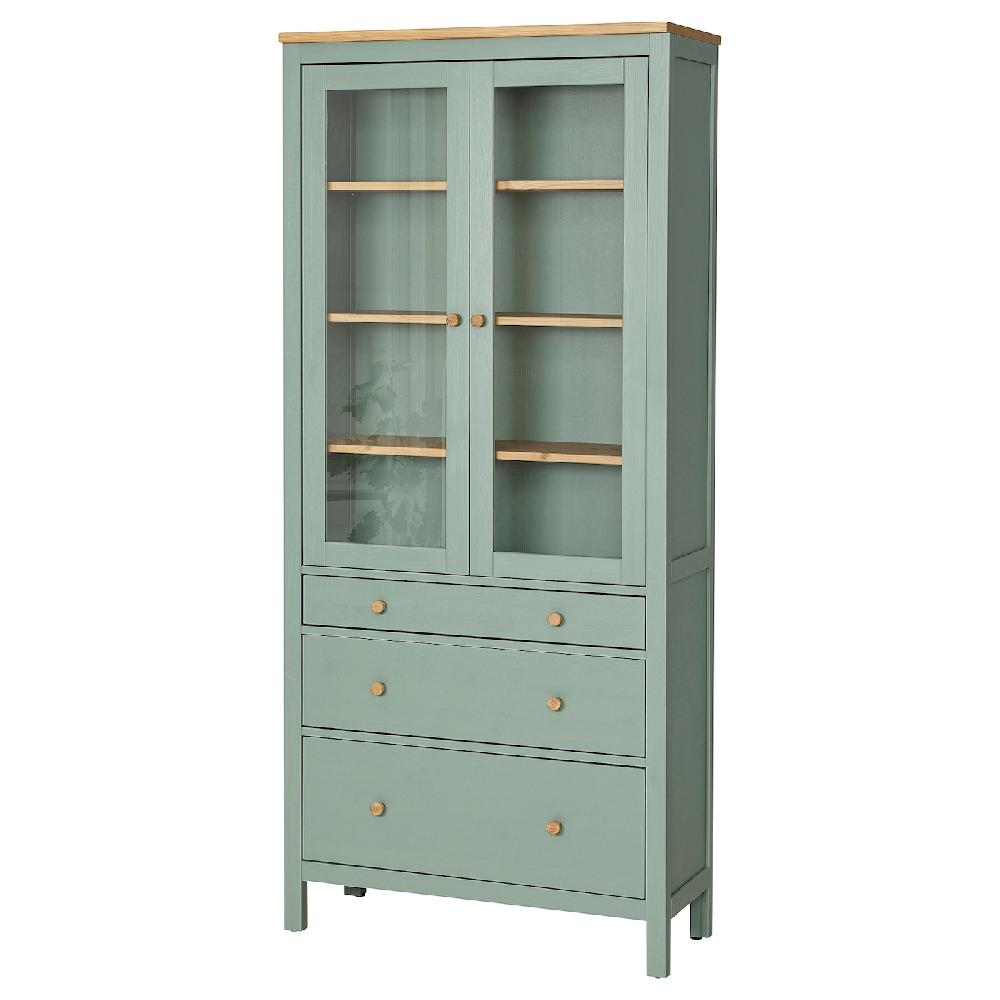 IKEA HEMNES Vitrine mit 3 Schubladen graugrün/hellbraun lasiert 90x197 cm