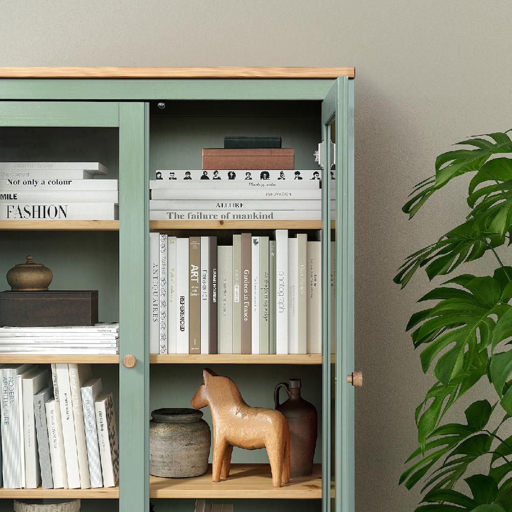 IKEA HEMNES Vitrine mit 3 Schubladen graugrün/hellbraun lasiert 90x197 cm Bis zu 60% Rabatt