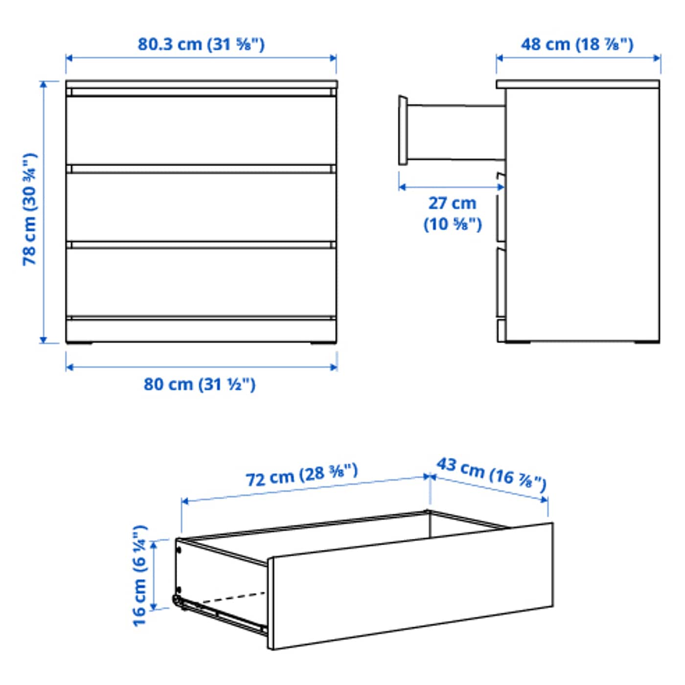 IKEA MALM Kommode mit 3 Schubladen weiß 80x78 cm Jubiläumsangebot