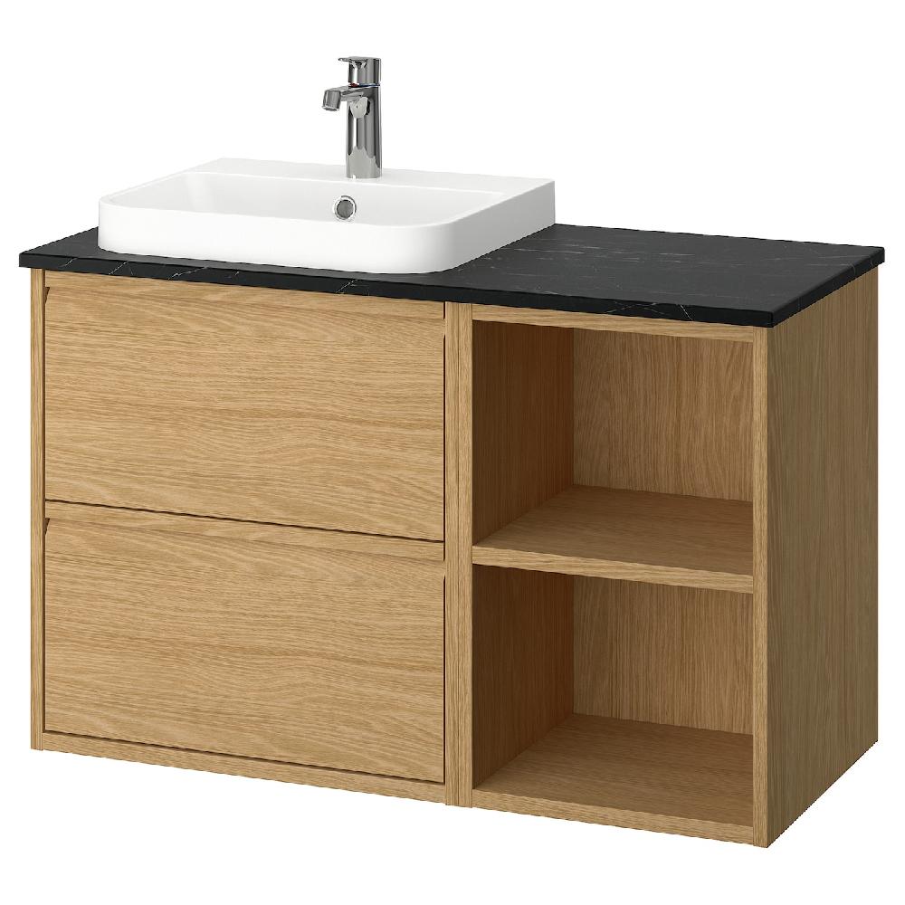 IKEA ÄNGSJÖN / BACKSJÖN Waschbeckenschr./Waschb./Mischbat. Eichenachbildung/schwarz marmoriert 102x49x71 cm