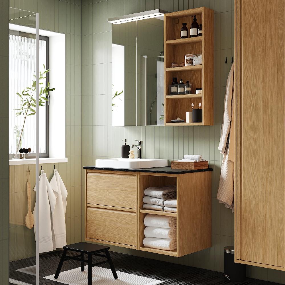 IKEA ÄNGSJÖN / BACKSJÖN Waschbeckenschr./Waschb./Mischbat. Eichenachbildung/schwarz marmoriert 102x49x71 cm Bis zu 60% Rabatt