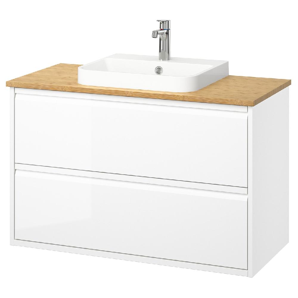 IKEA ÄNGSJÖN / BACKSJÖN Waschbschr+Schubladen/Waschb/Mibatt Hochglanz weiß/Bambus 102x49x71 cm
