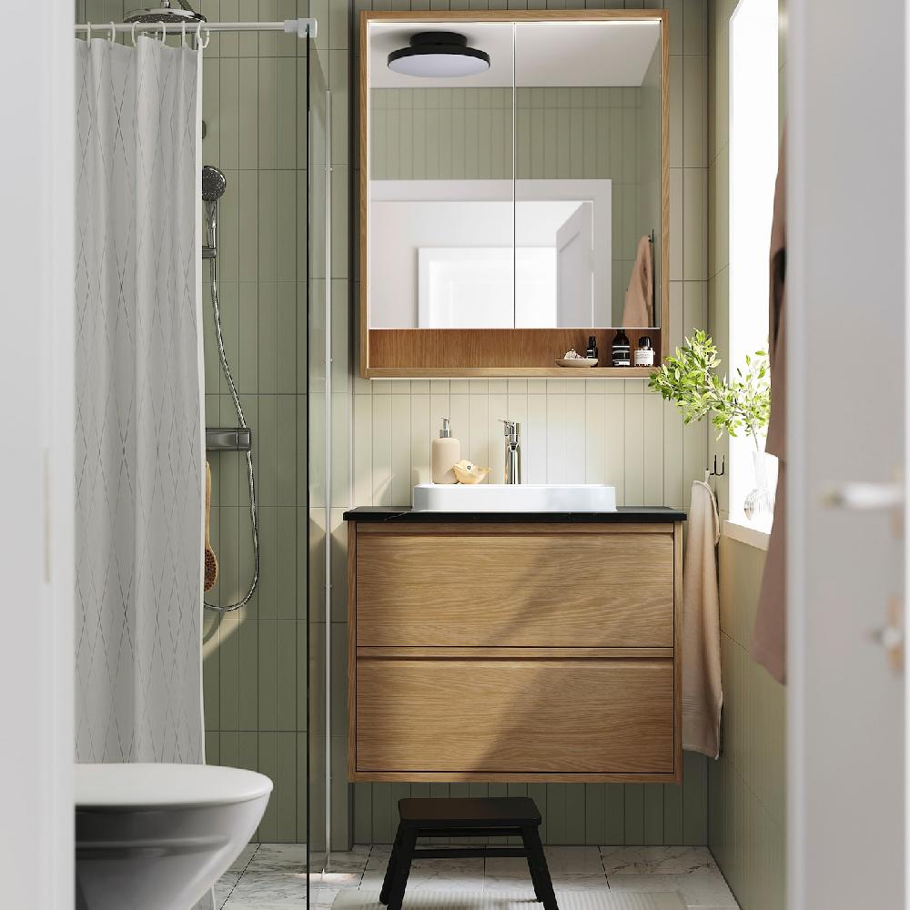 IKEA FAXÄLVEN Spiegelschrank mit Beleuchtung Eichenachbildung 80x15x95 cm 50% Rabatt mit kostenlosem Versand