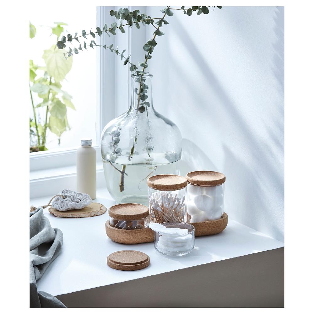 IKEA SAXBORGA 4 Gläser/Deckel + Tablett 5er-Set Glas Kork Blitzangebot
