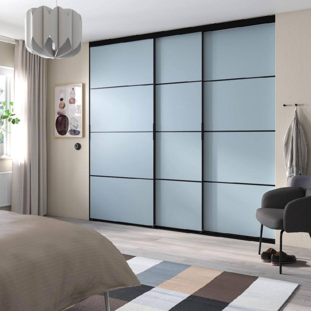 IKEA SKYTTA / PAX Kleiderschrank+Schiebetüren begehb. schwarz dunkelgrau/Mehamn hellblau 276x160x240 cm 2025