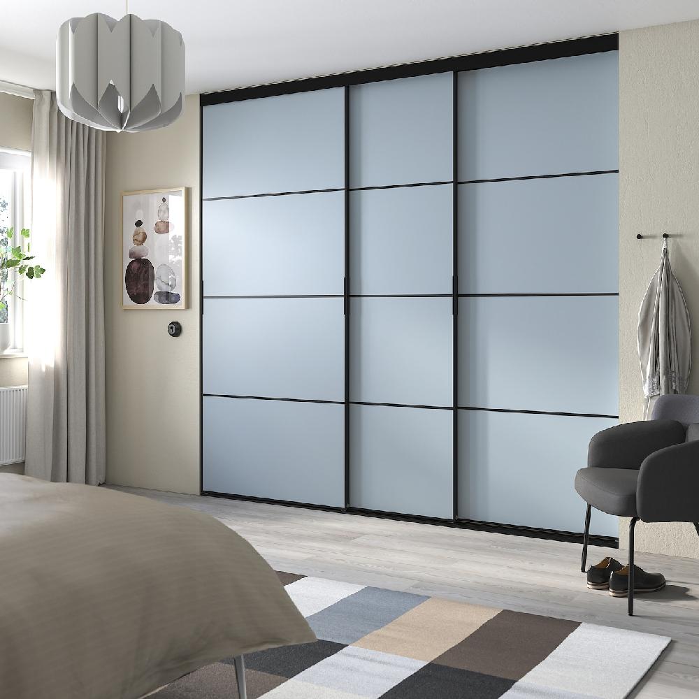 IKEA SKYTTA / PAX Kleiderschrank+Schiebetüren begehb. schwarz dunkelgrau/Mehamn hellblau 276x160x240 cm 2025