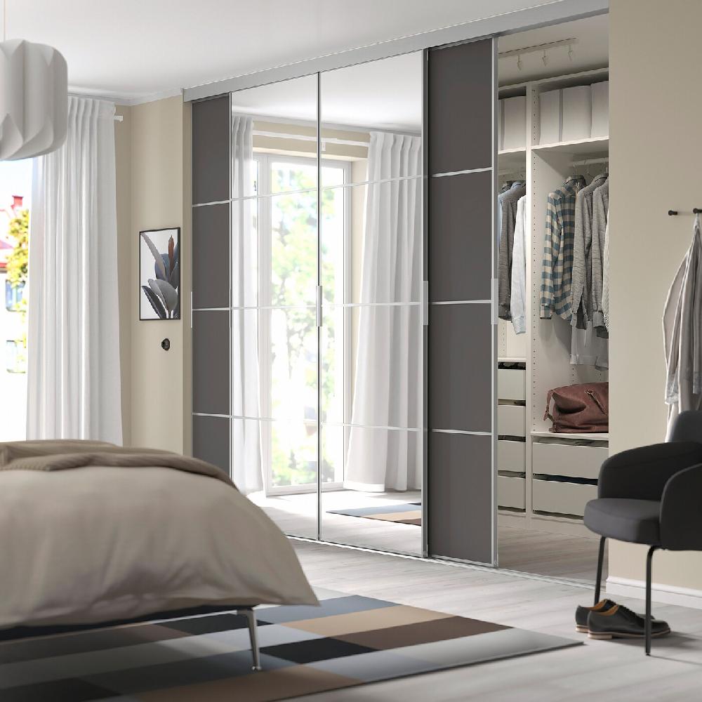 IKEA SKYTTA / MEHAMN/AULI Schiebetür-Kombination Aluminium/dunkelgrau Spiegelglas 301x240 cm Angebote