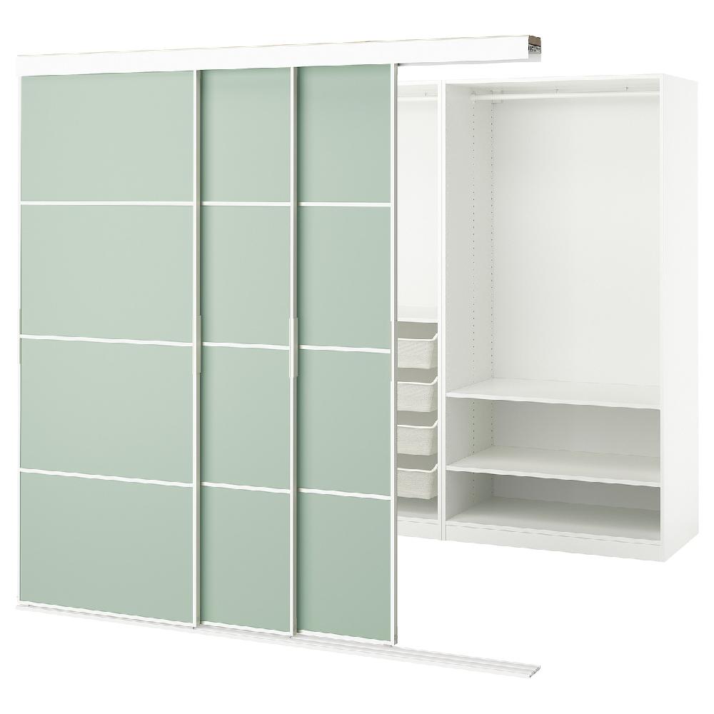 IKEA SKYTTA / PAX Kleiderschrank+Schiebetüren begehb. weiß doppelseitig/Mehamn hellgrün 226x160x205 cm