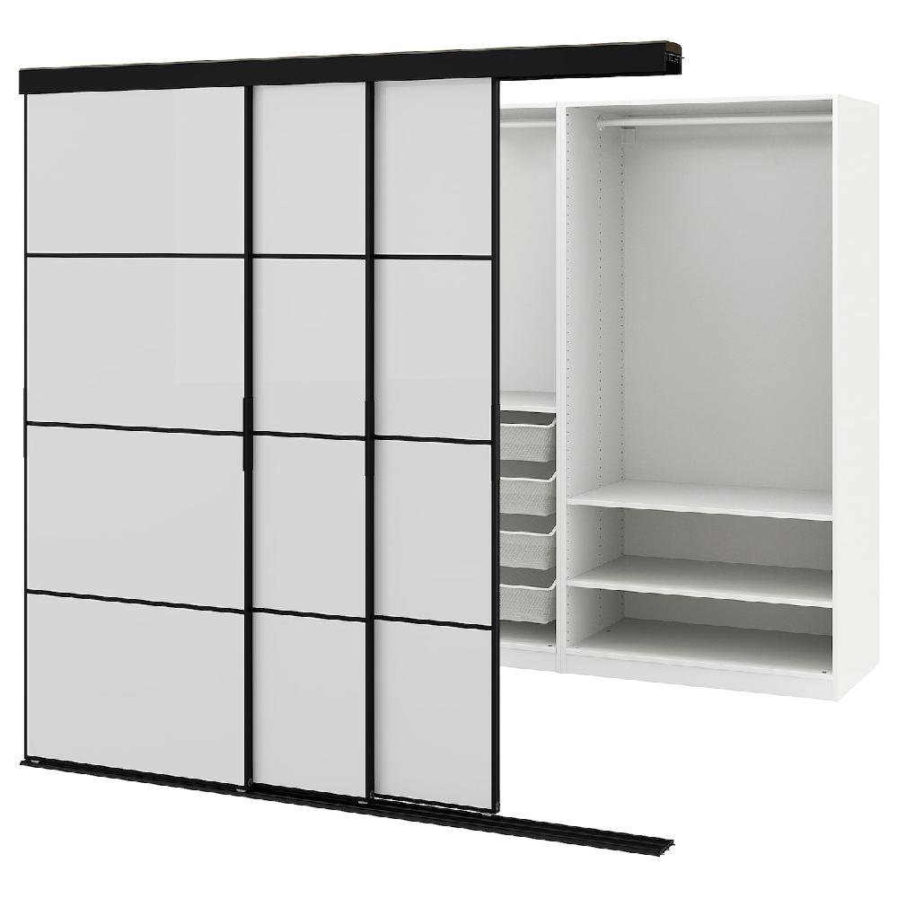 IKEA SKYTTA / PAX Kleiderschrank+Schiebetüren begehb. schwarz/Hokksund Hgl hgra 226x160x205 cm Versandkostenfrei
