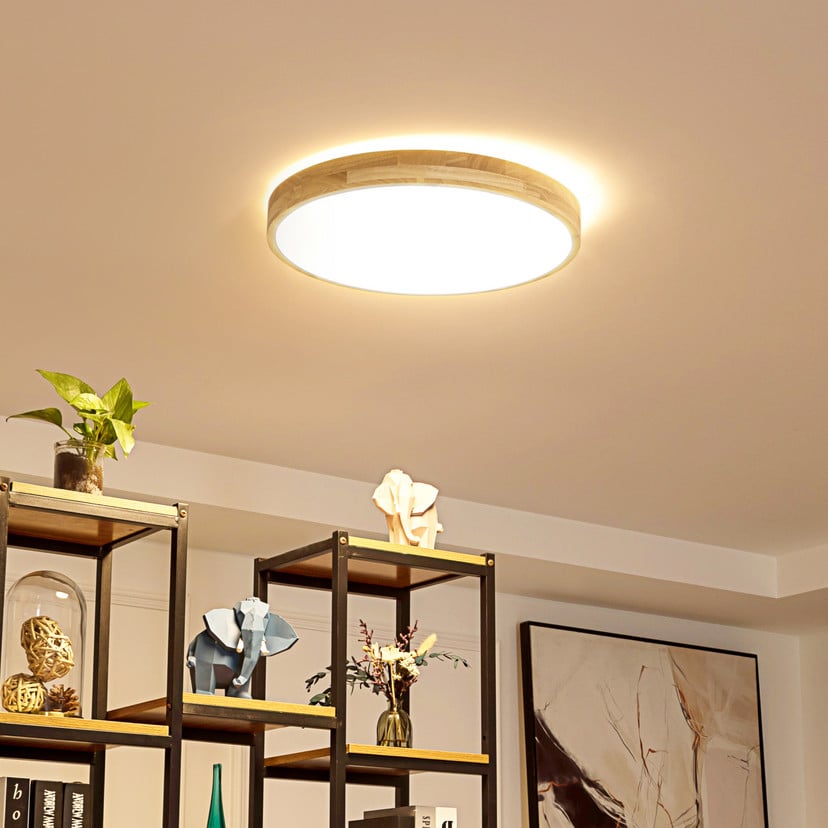 lampenwelt Lindby Smart LED-Deckenleuchte Innes Holz Ø51cm RGB CCT Tuya