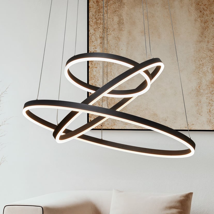 lampenwelt Arcchio LED-Hängeleuchte Albiona schwarz 3 Ringe Ø 80 cm