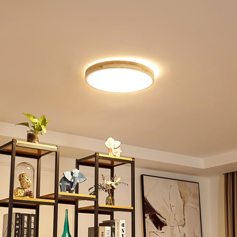 lampenwelt Lindby Smart LED-Deckenleuchte Innes Holz Ø39cm RGB CCT Tuya