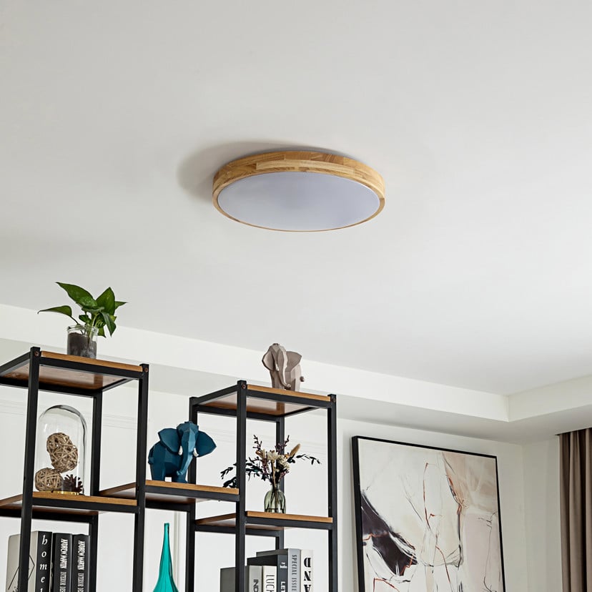 lampenwelt Lindby Smart LED-Deckenleuchte Innes Holz Ø39cm RGB CCT Tuya Neuheiten