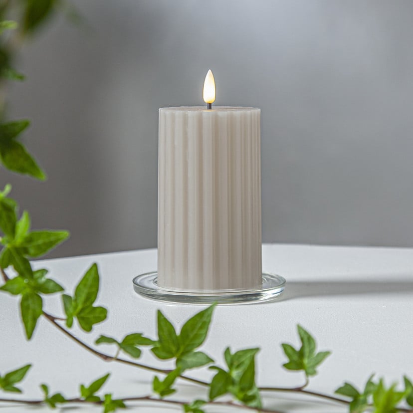 lampenwelt LED-Kerze Flamme Stripe beige 15cm Echtwachs Batteriebetrieb
