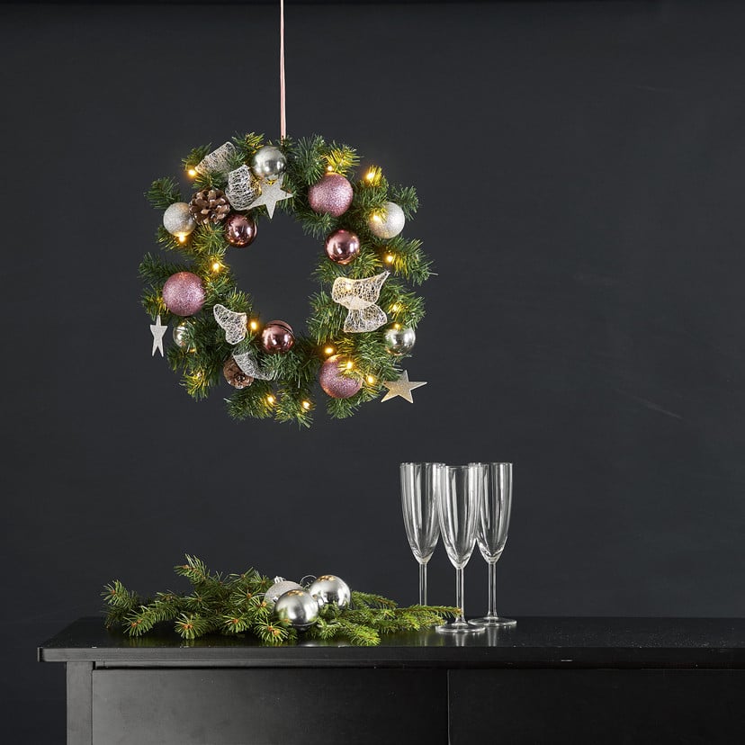 lampenwelt LED-Tannenkranz Noel mit silber-/pinkfarbener Deko Große Rabatte